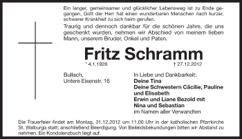 Traueranzeige von Fritz Schramm von Pegnitz-Zeitung